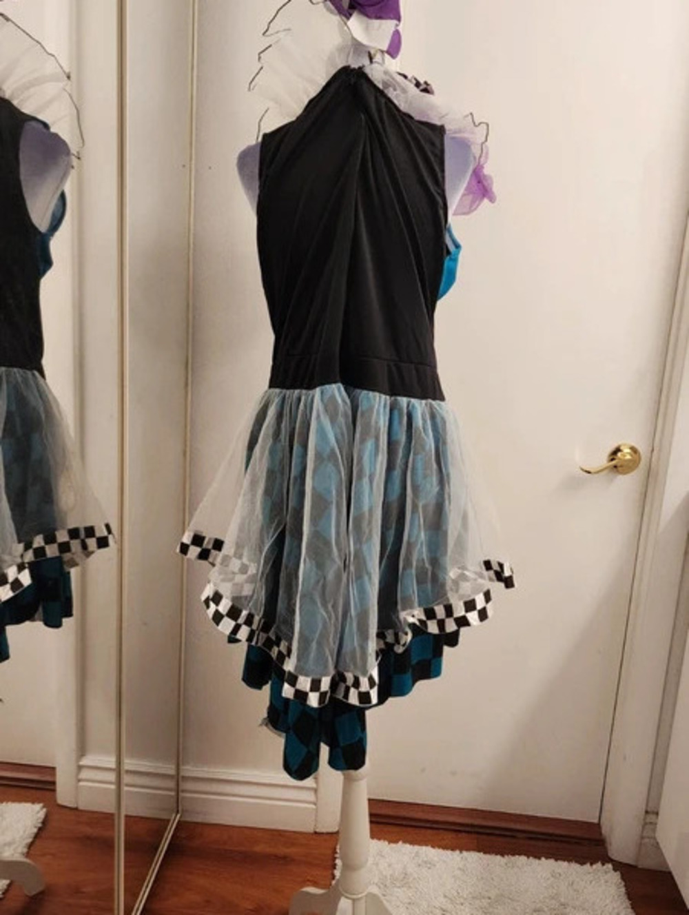 ADULT XL Costume mad tea party checkerboard dress with mini hat & tulle trim - Picture 9 of 10